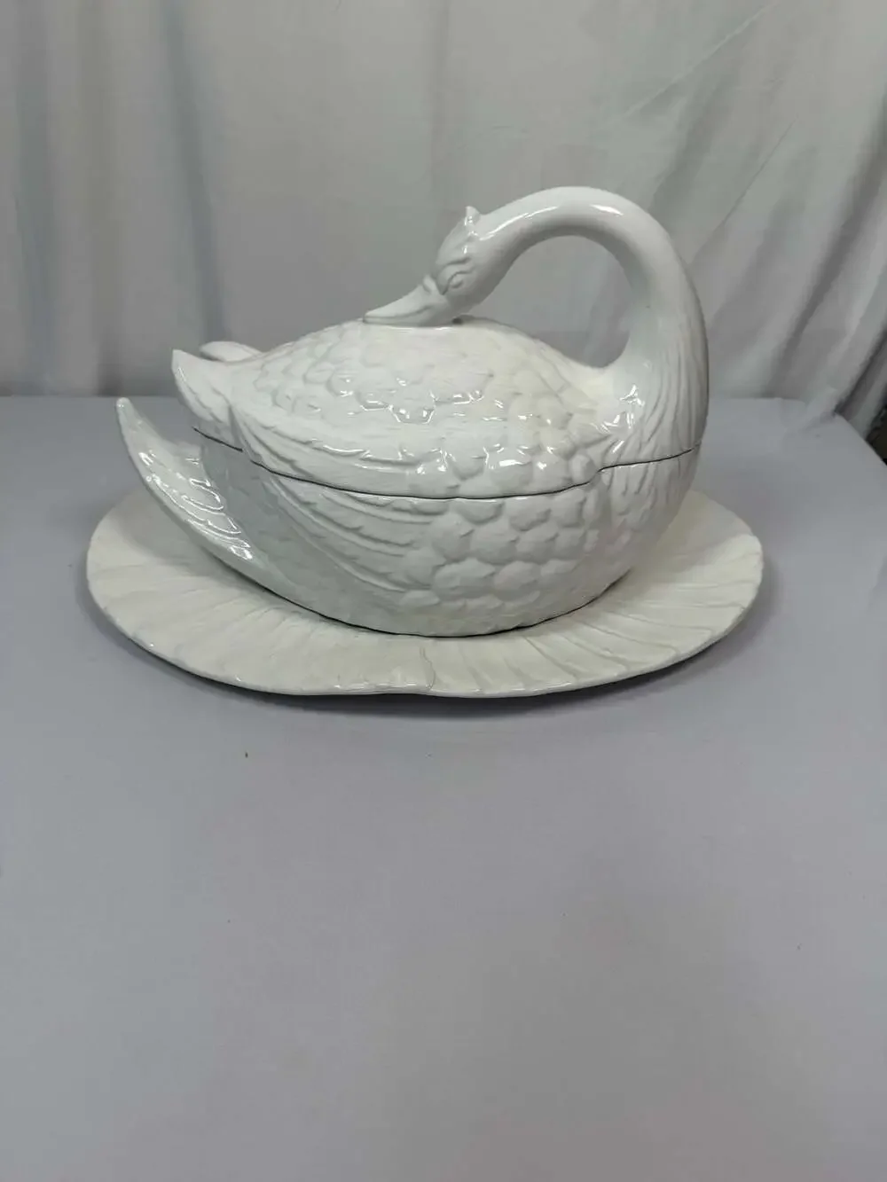 Vintage Ceramic White Swan Soup Tureen with Underplate Ladle and Lid